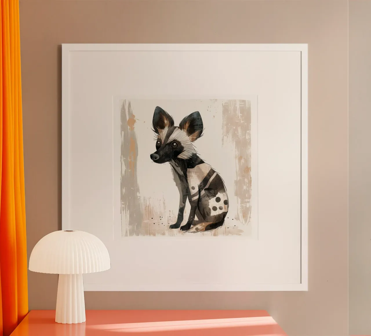 Illustrazione stilizzata di un cane selvatico africano poster con telaio in legno da DesignDoodle