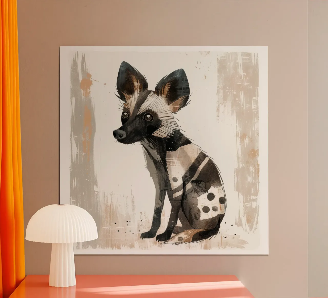 Illustrazione stilizzata di un cane selvatico africano poster con telaio in legno da DesignDoodle