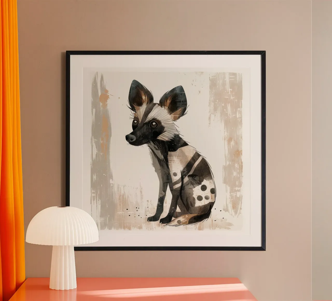 Illustrazione stilizzata di un cane selvatico africano poster con telaio in legno da DesignDoodle