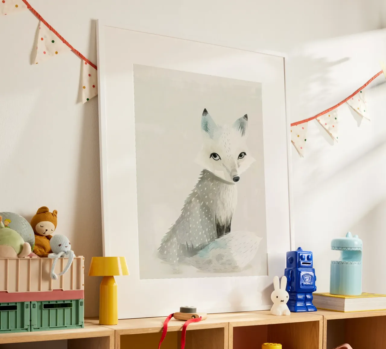 Stilisierte Illustration eines Polarfuchses 2 Poster mit Kunststoffrahmen von DesignDoodle