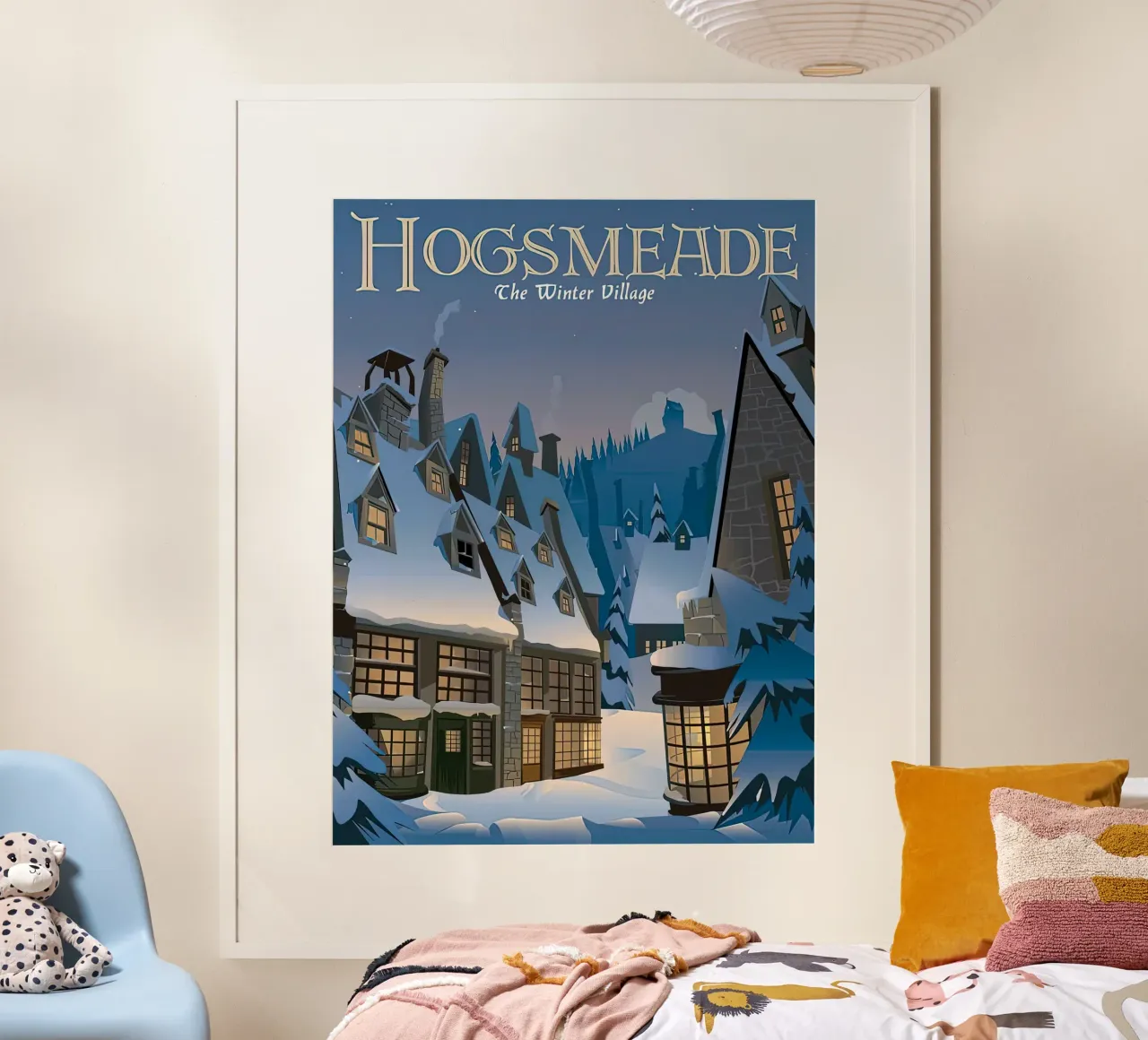 HogsmeadeIl villaggio invernale poster con telaio in alluminio da Alice Slatera