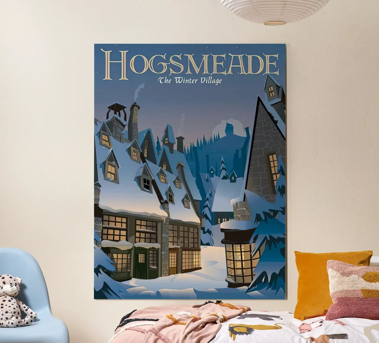 HogsmeadeIl villaggio invernale poster con telaio in alluminio da Alice Slatera