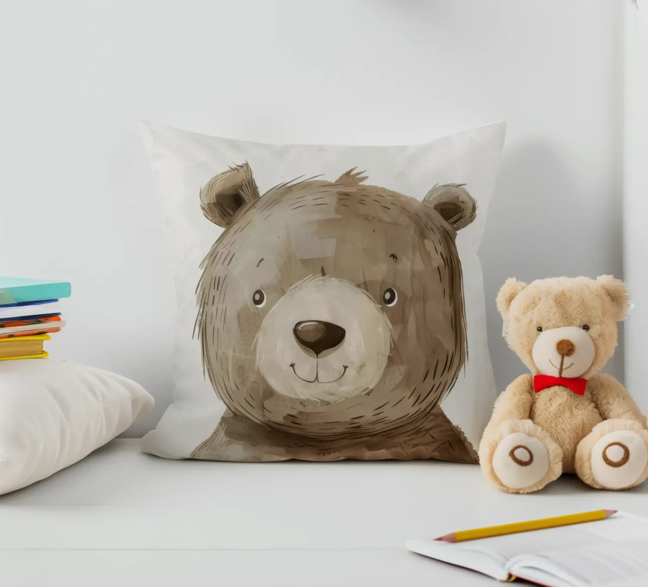 Illustrazione stilizzata di un cucciolo d'orso bruno sorridente cuscino da DesignDoodle