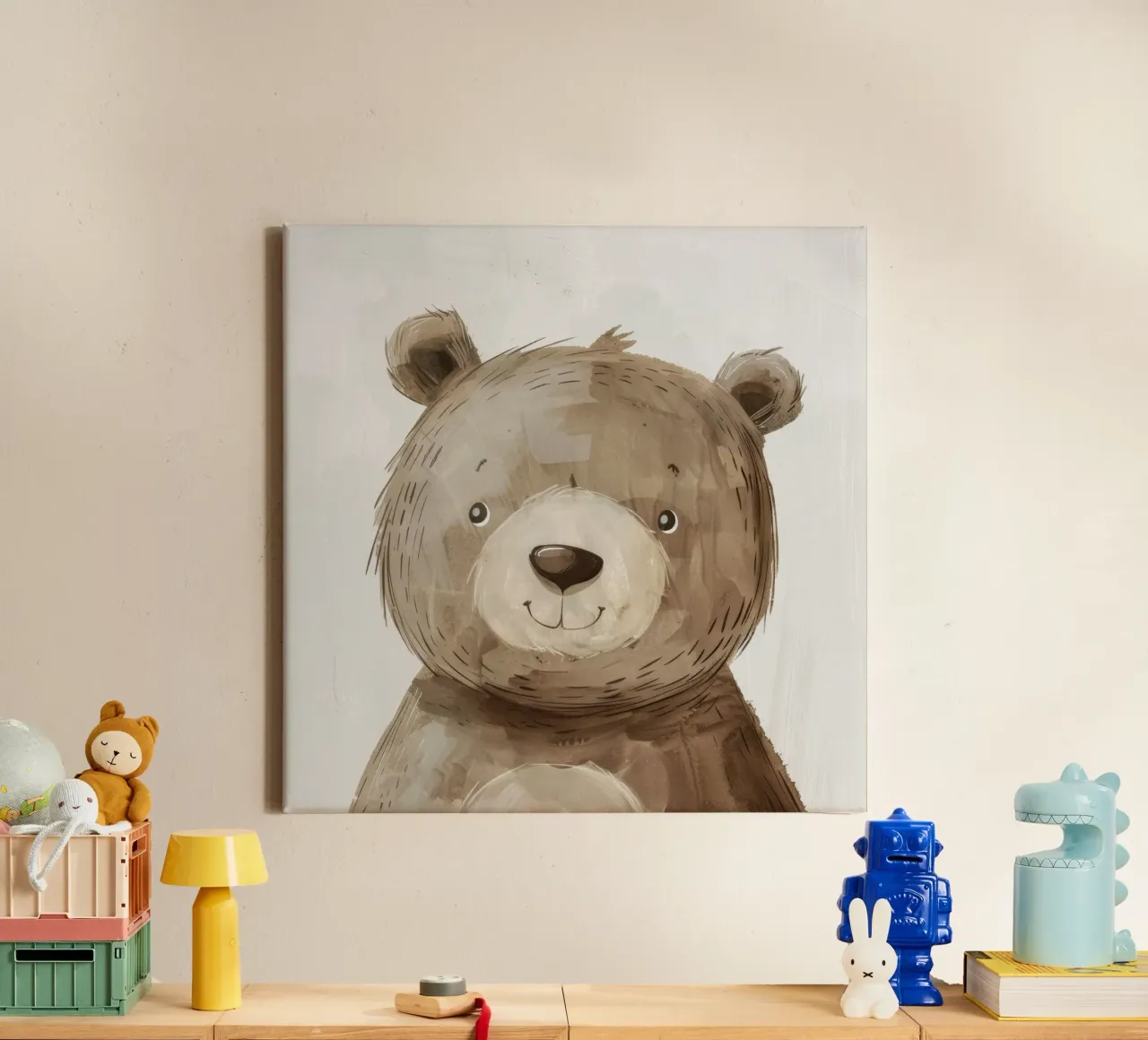 Illustrazione stilizzata di un cucciolo d'orso bruno sorridente tela con Cornice a cassetta da DesignDoodle
