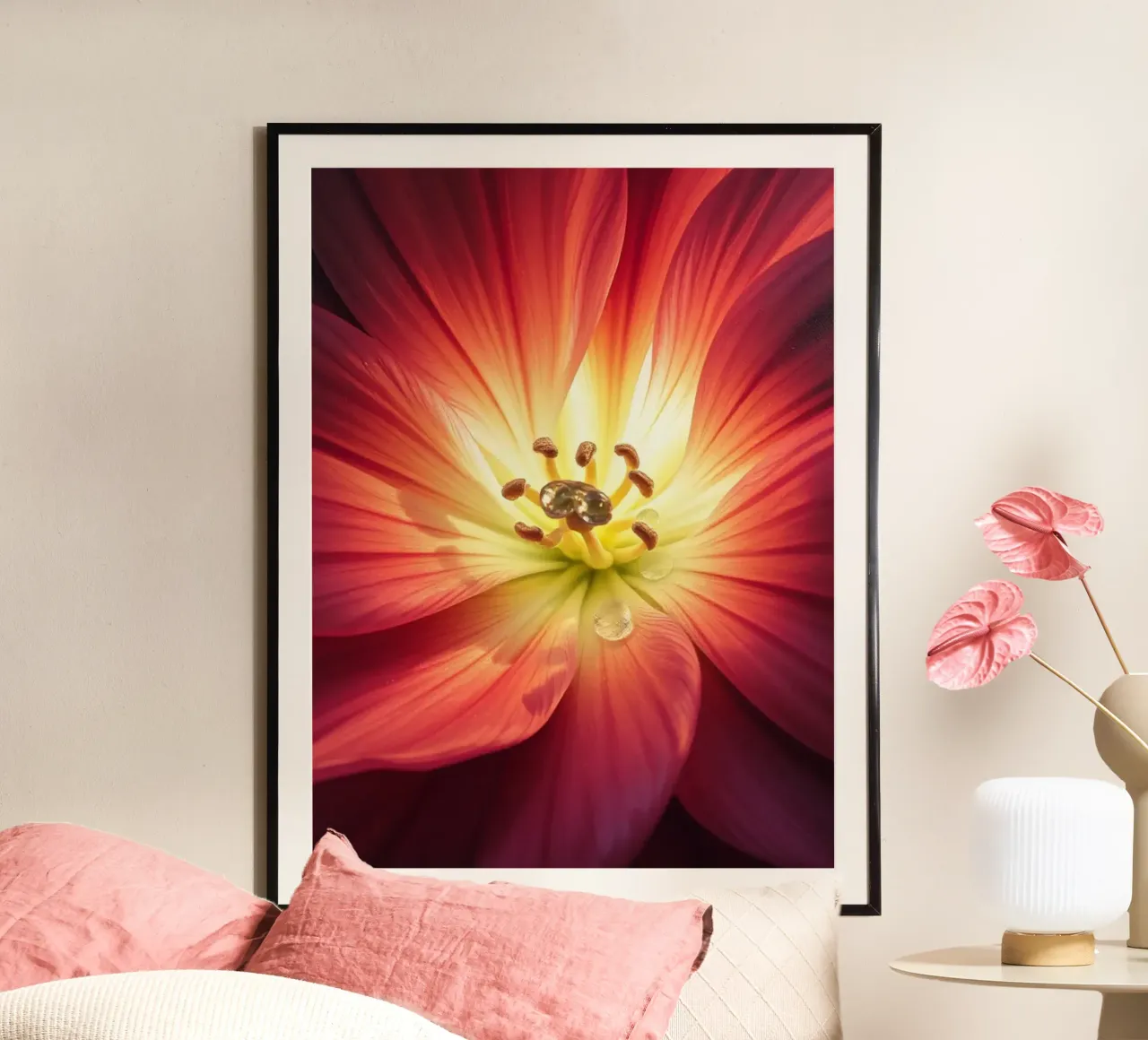 Fiore radioso con gocce di rugiada poster con telaio in plastica da Artistic-shop