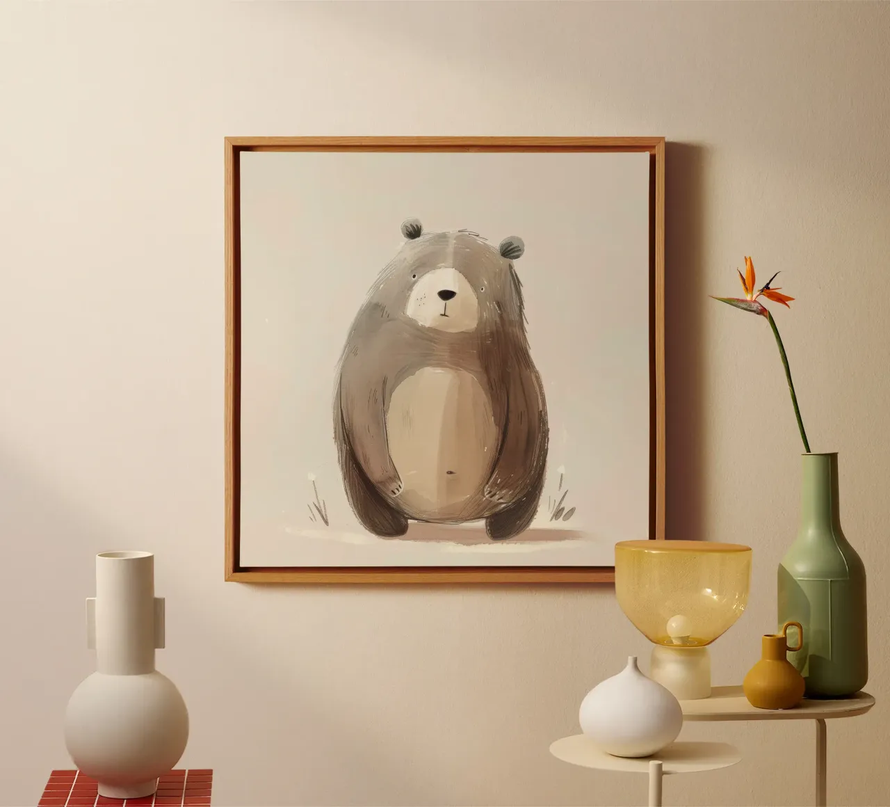 Illustrazione stilizzata ad acquerello di un orso bruno tela con Cornice a cassetta da DesignDoodle