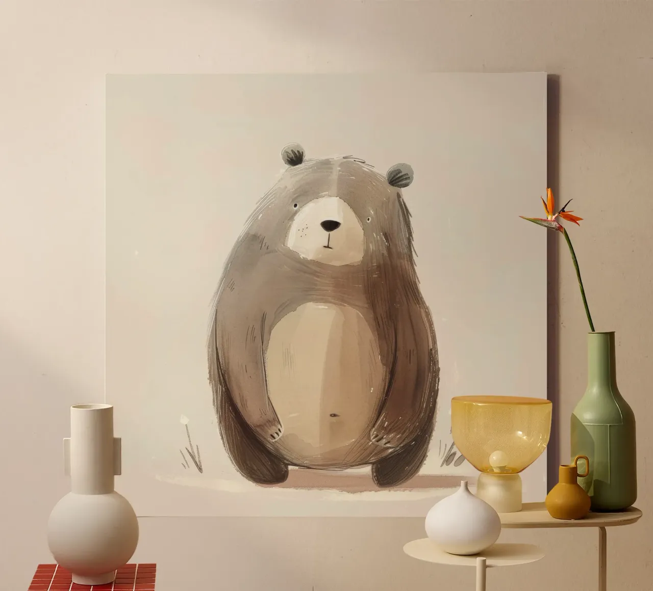 Illustrazione stilizzata ad acquerello di un orso bruno tela con Cornice a cassetta da DesignDoodle