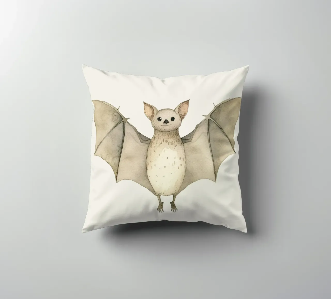 Illustrazione ad acquerello di un pipistrello ad ali spiegate cuscino da DesignDoodle