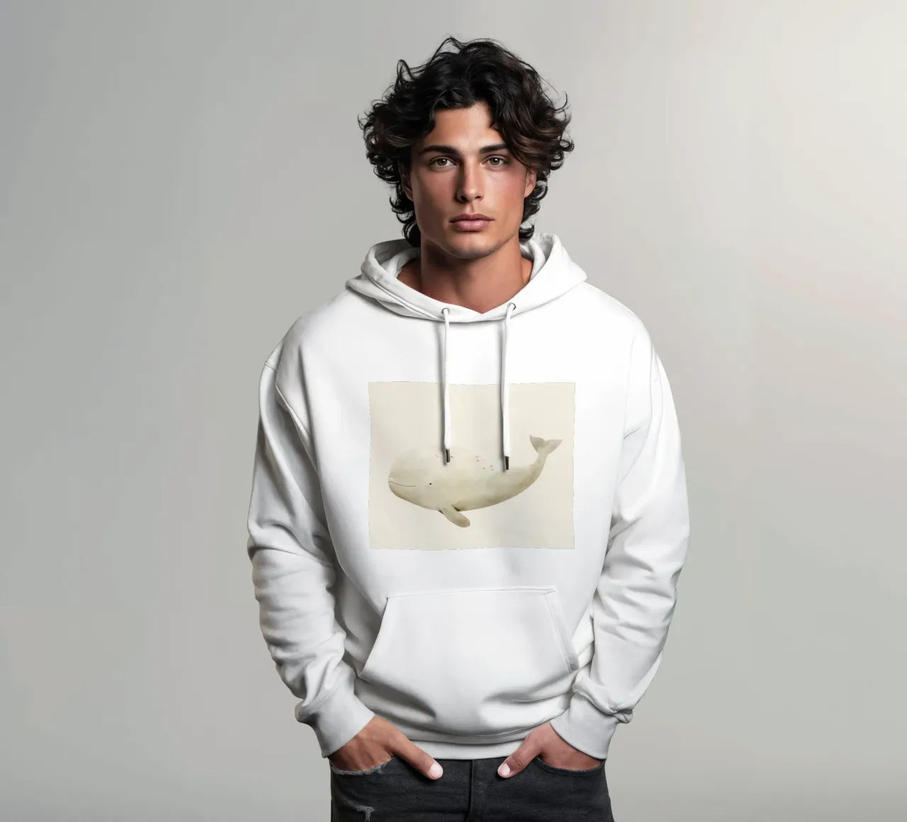 Illustrazione ad acquerello di una balena beige felpa con cappuccio da DesignDoodle