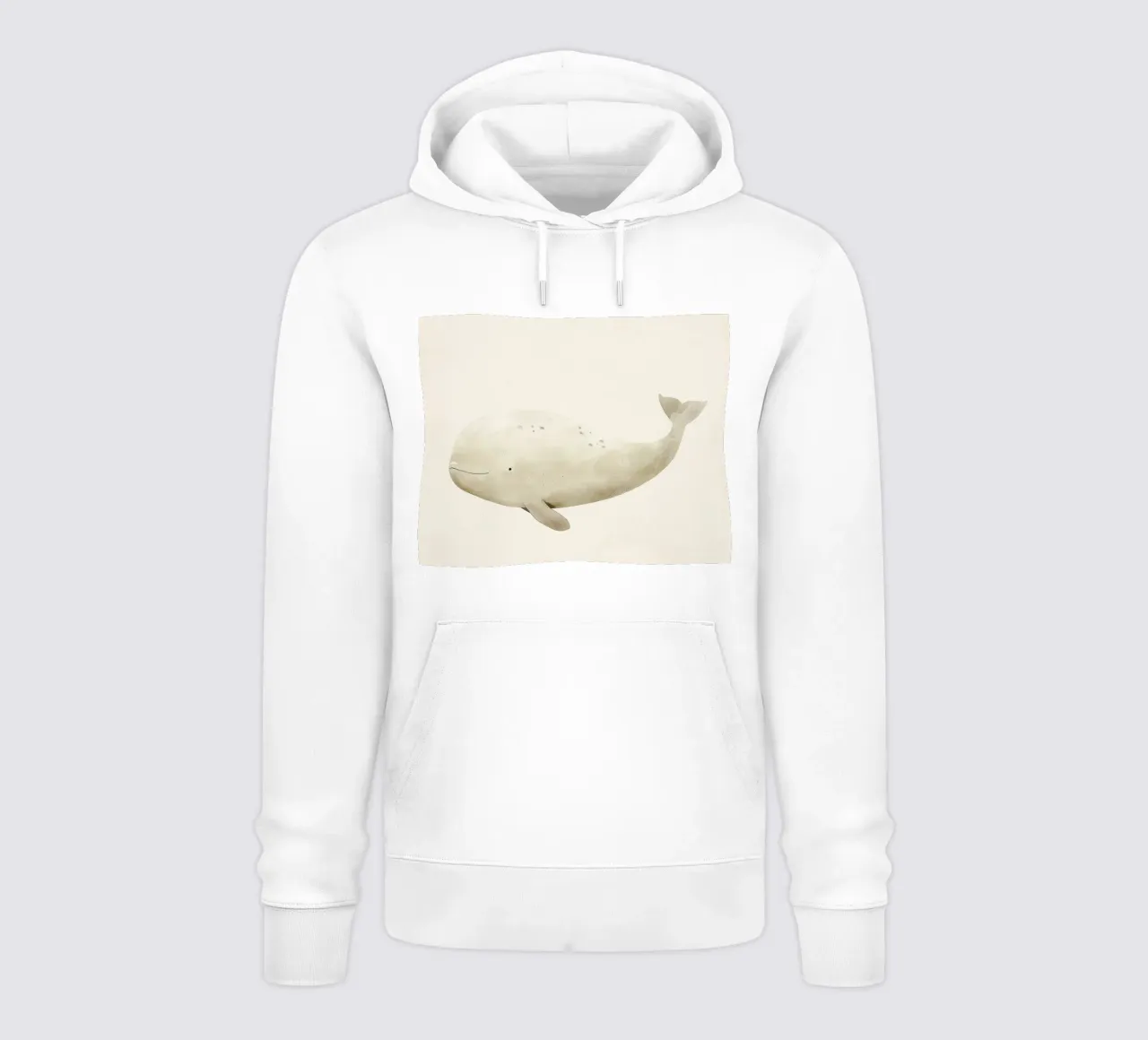 Illustrazione ad acquerello di una balena beige felpa con cappuccio da DesignDoodle
