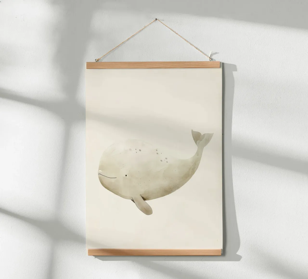 Illustrazione ad acquerello di una balena beige poster con telaio in alluminio da DesignDoodle
