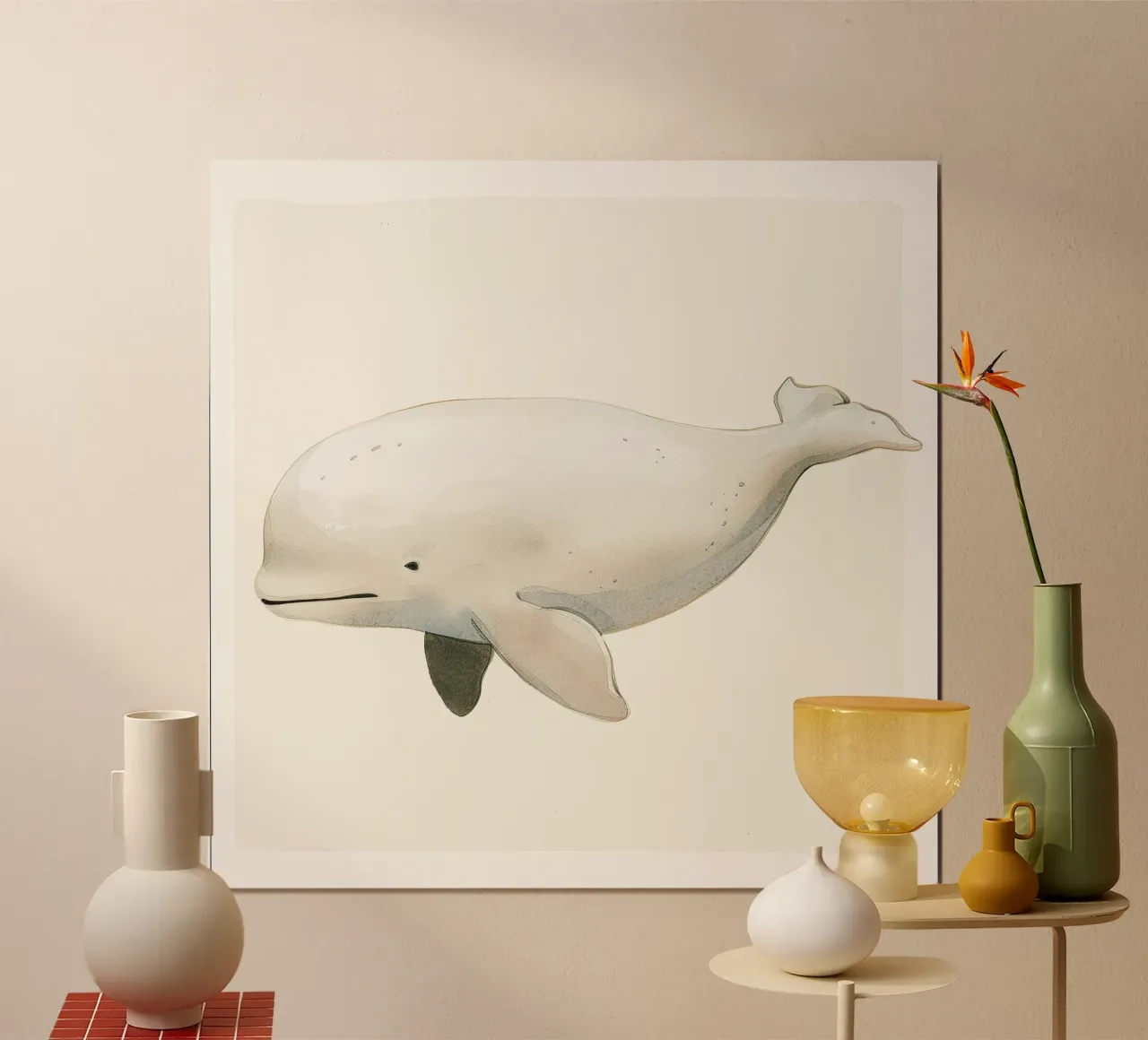 Illustrazione ad acquerello di una balena beluga poster con telaio in alluminio da DesignDoodle