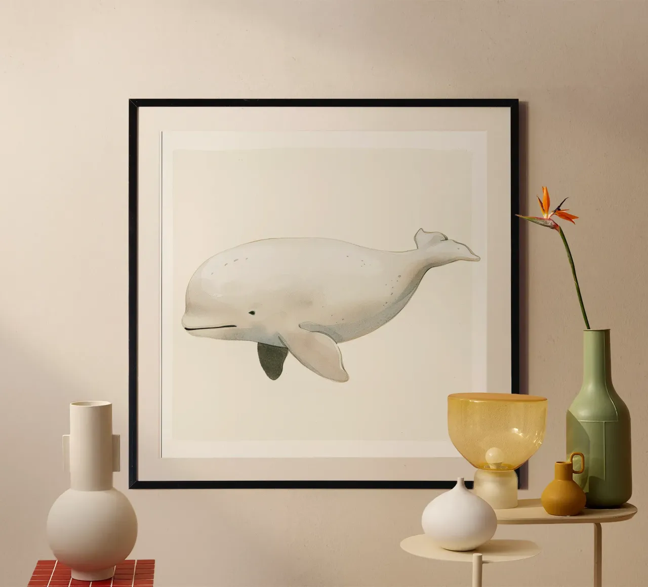 Illustrazione ad acquerello di una balena beluga poster con telaio in alluminio da DesignDoodle