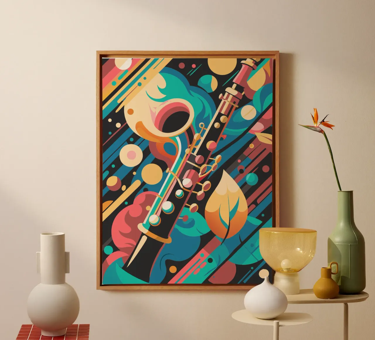klarinet schilderij moderne kunst canvas met Baklijst van jasmine