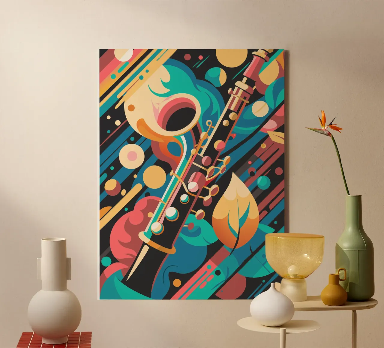 klarinet schilderij moderne kunst canvas met Baklijst van jasmine