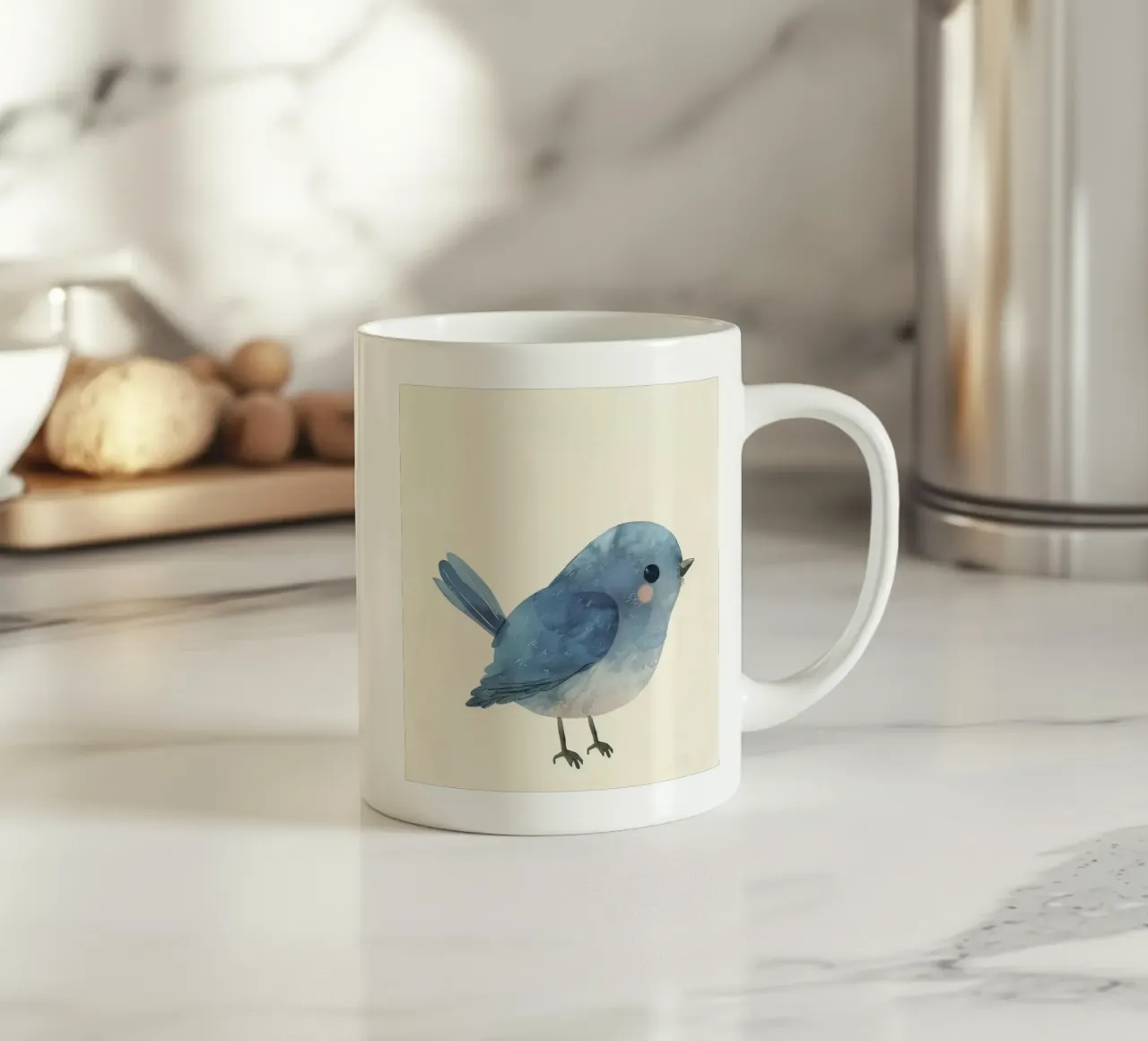 Illustrazione ad acquerello di un uccello blu tazza in ceramica da DesignDoodle