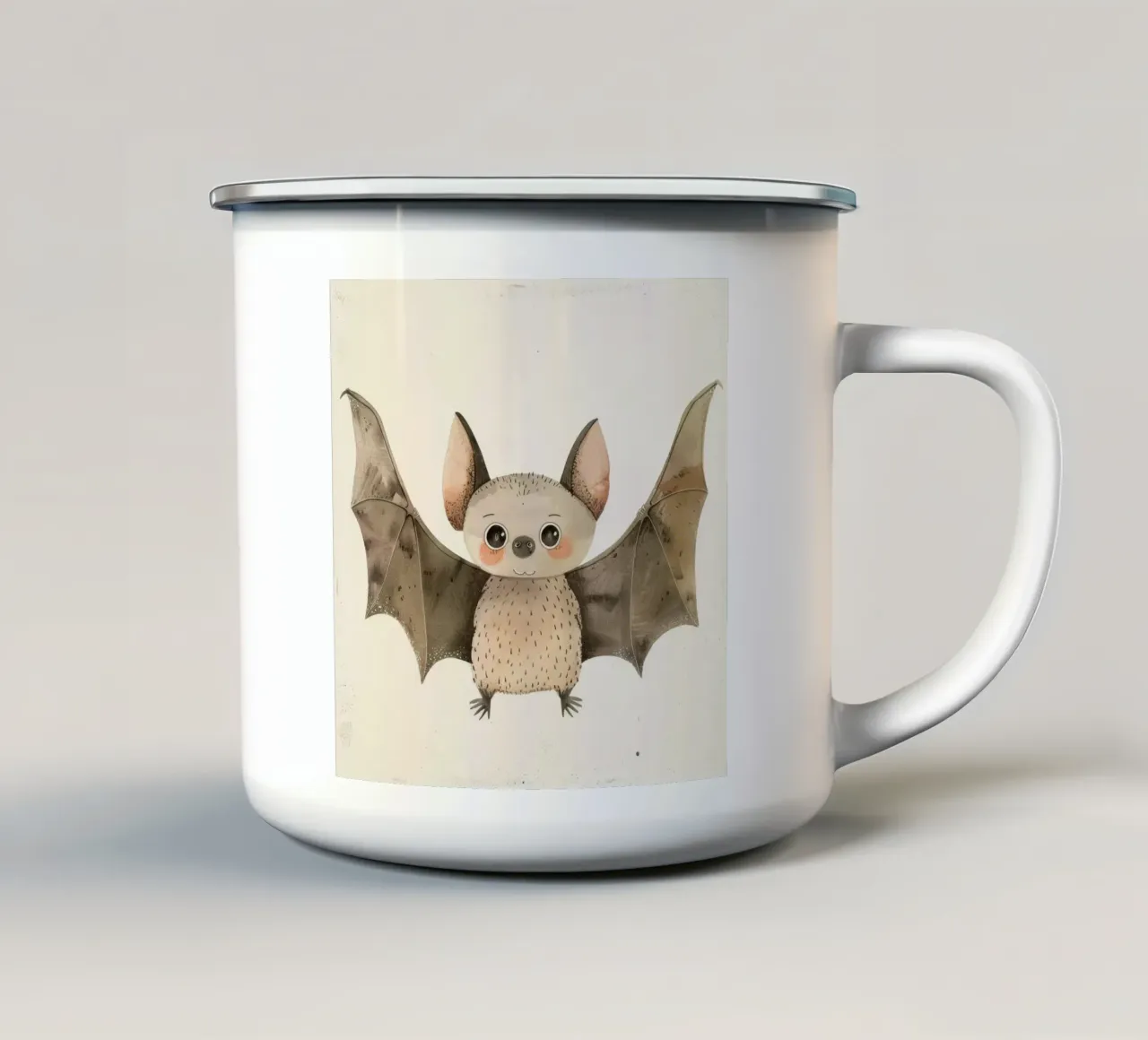 Illustrazione ad acquerello di un pipistrello dei cartoni animati tazza in smalto da DesignDoodle
