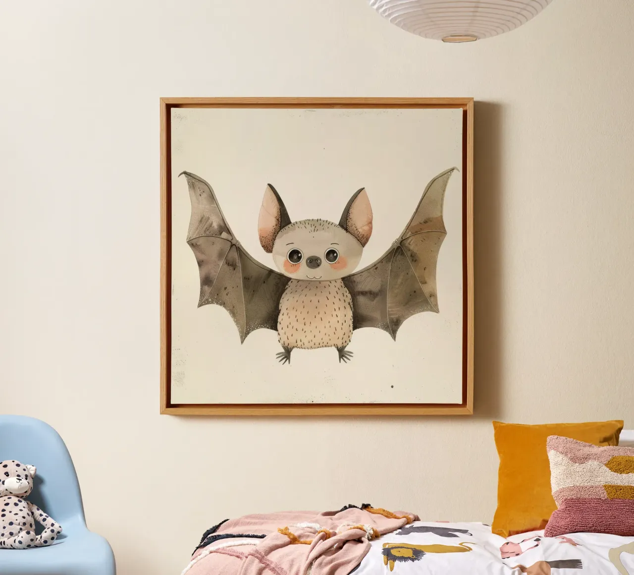 Illustrazione ad acquerello di un pipistrello dei cartoni animati tela con Cornice a cassetta da DesignDoodle