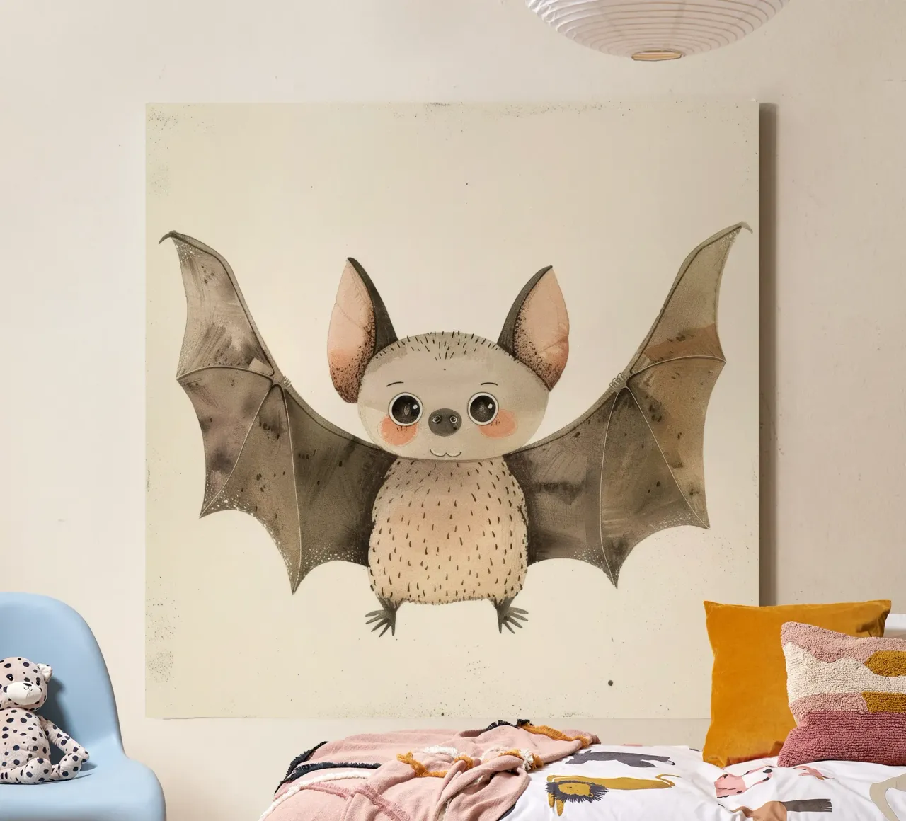 Illustrazione ad acquerello di un pipistrello dei cartoni animati tela con Cornice a cassetta da DesignDoodle