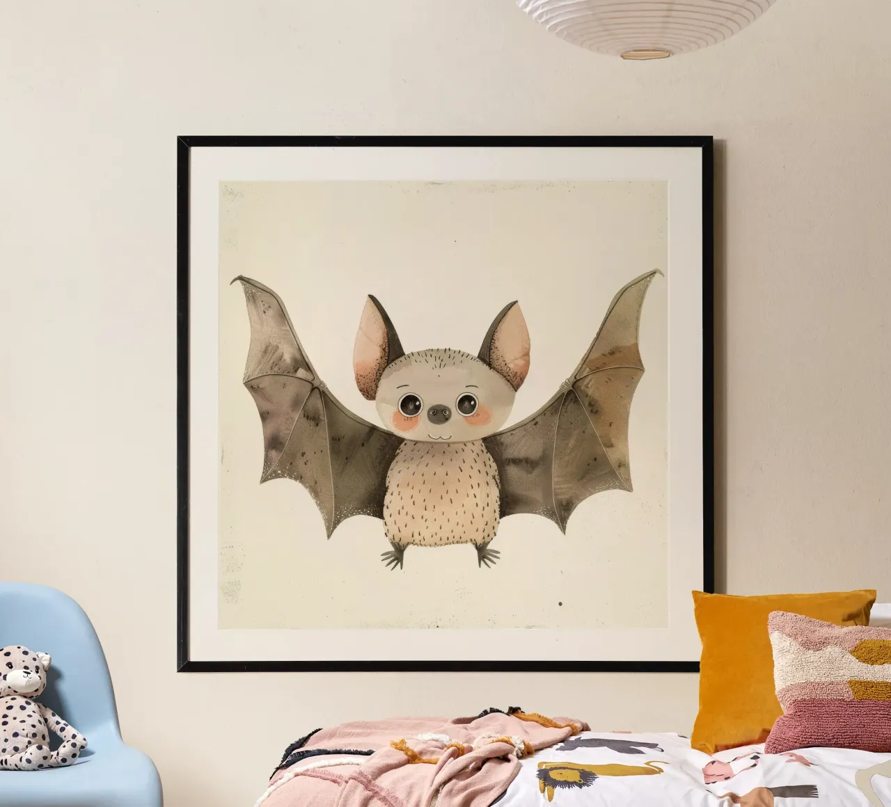 Illustrazione ad acquerello di un pipistrello dei cartoni animati poster con telaio in legno da DesignDoodle
