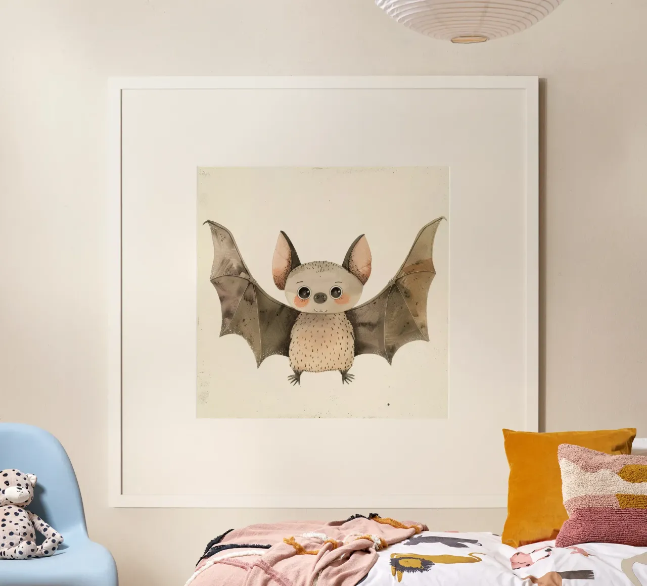 Illustrazione ad acquerello di un pipistrello dei cartoni animati poster con telaio in legno da DesignDoodle