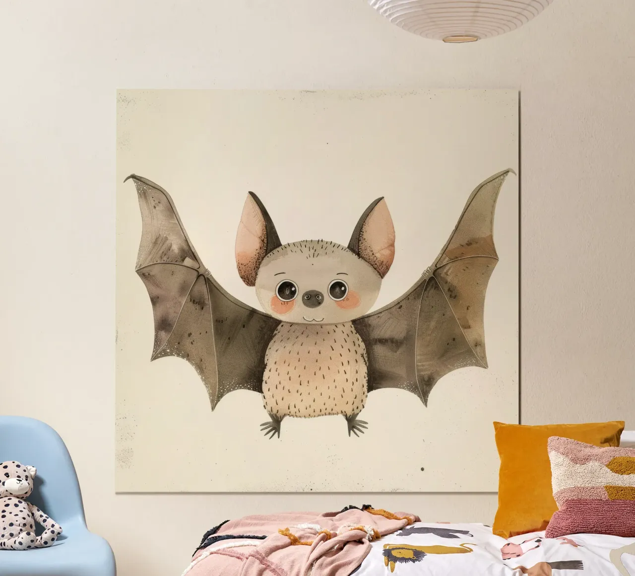 Illustrazione ad acquerello di un pipistrello dei cartoni animati poster con telaio in legno da DesignDoodle
