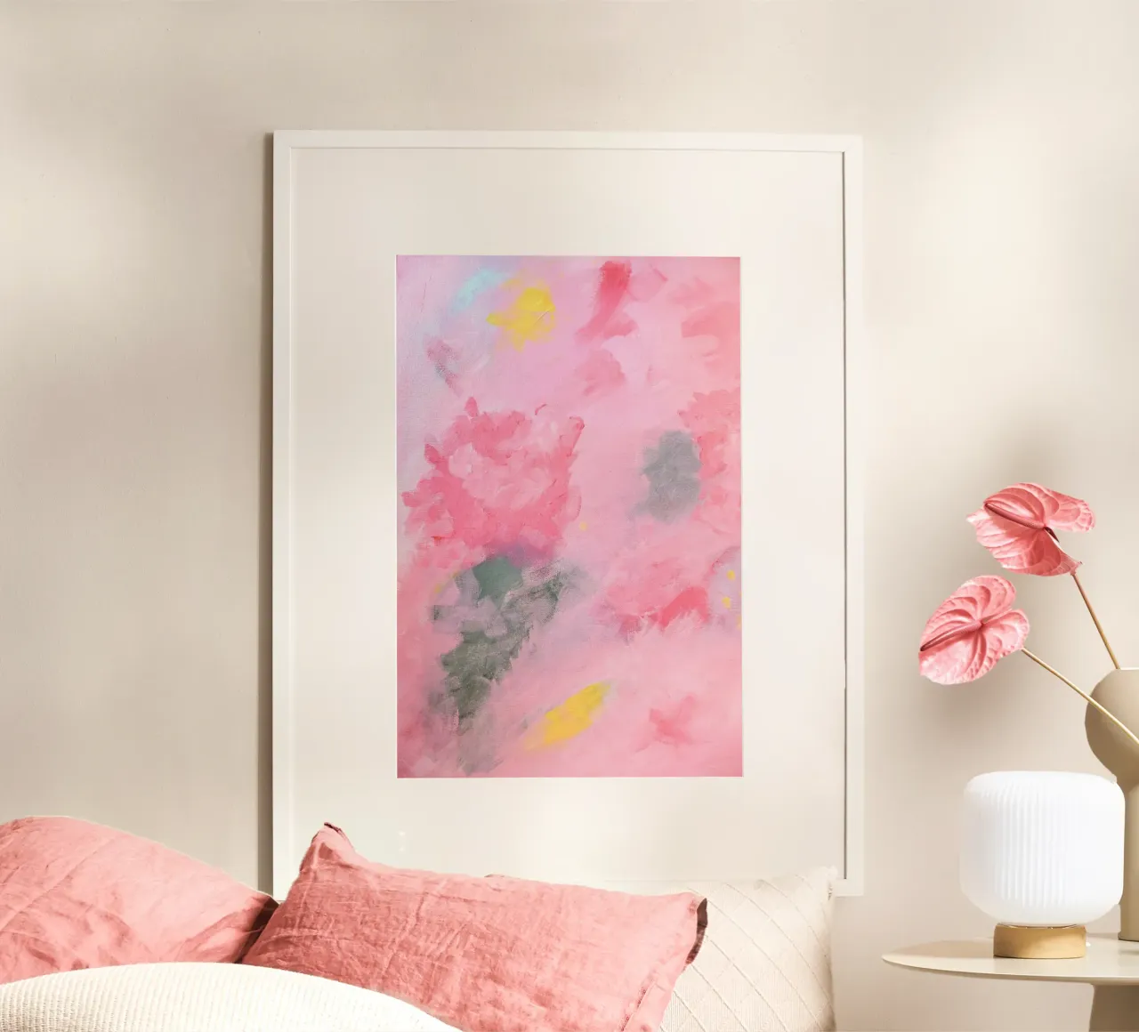 Abstract Painted Flowers Pink and Yellow poster con telaio in plastica da GraceDigitalArtCo