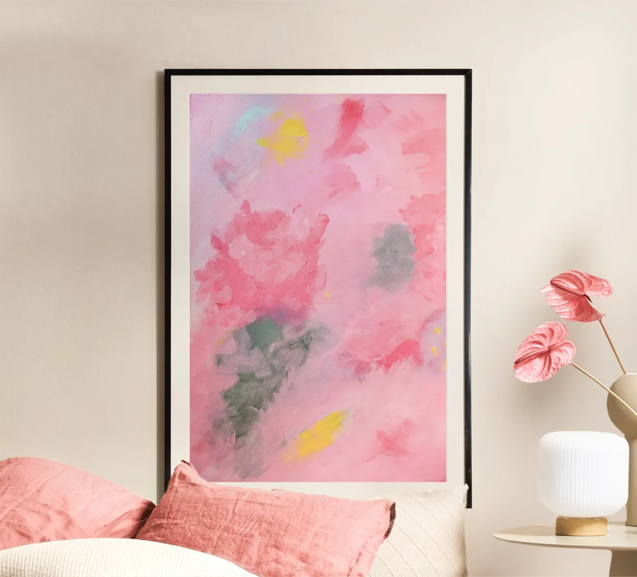 Abstract Painted Flowers Pink and Yellow poster con telaio in plastica da GraceDigitalArtCo