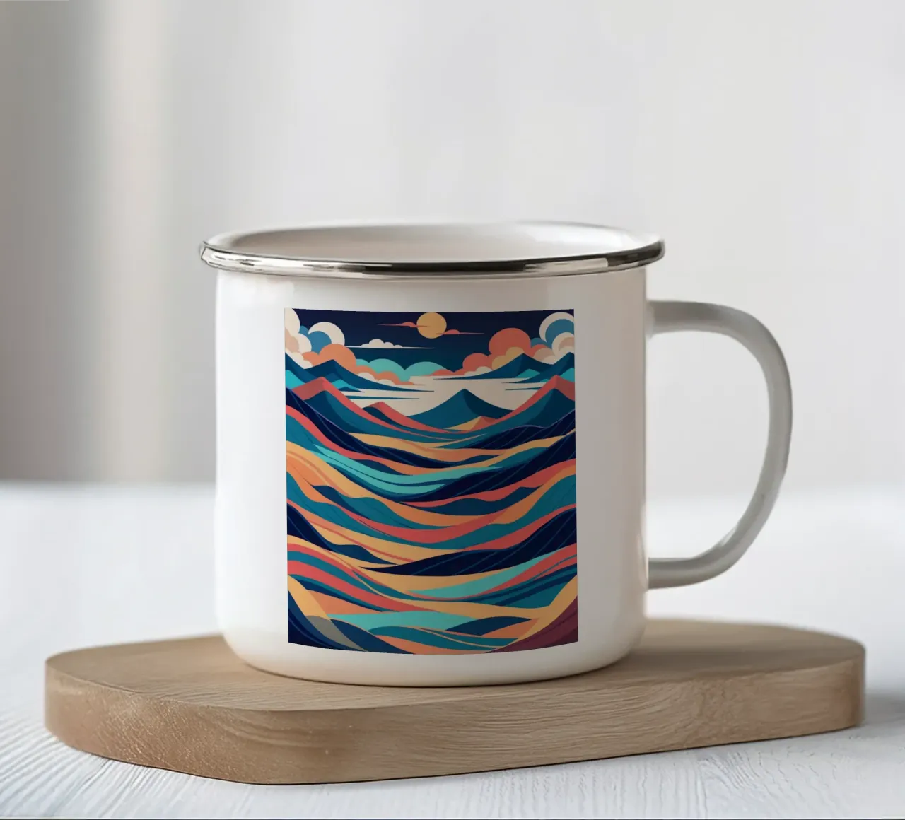Cime intrecciate e onde al tramonto tazza in smalto da Artistic-shop