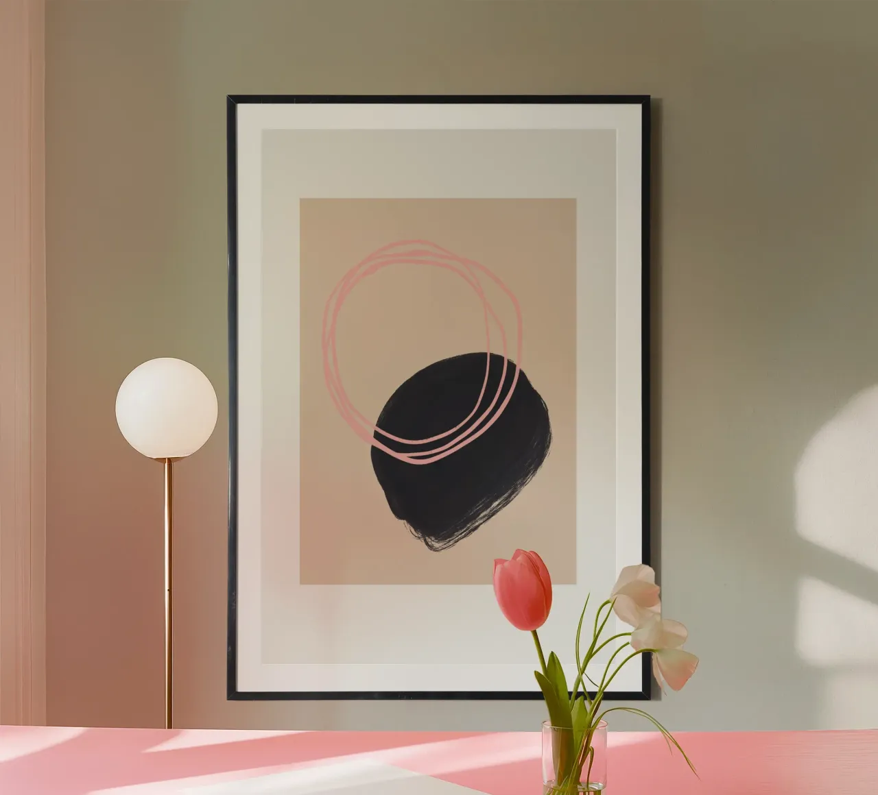 Beige Pink and Black Abstract Art poster con telaio in plastica da GraceDigitalArtCo