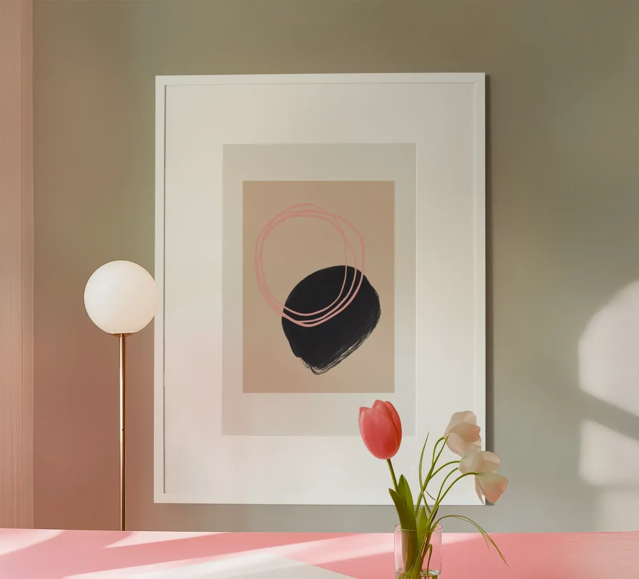 Beige Pink and Black Abstract Art poster con telaio in plastica da GraceDigitalArtCo