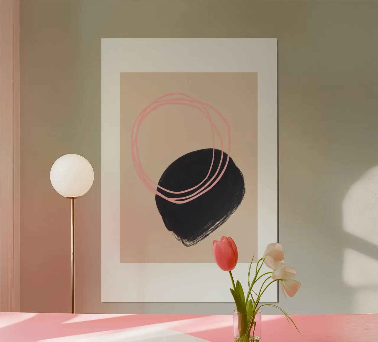 Beige Pink and Black Abstract Art poster con telaio in plastica da GraceDigitalArtCo
