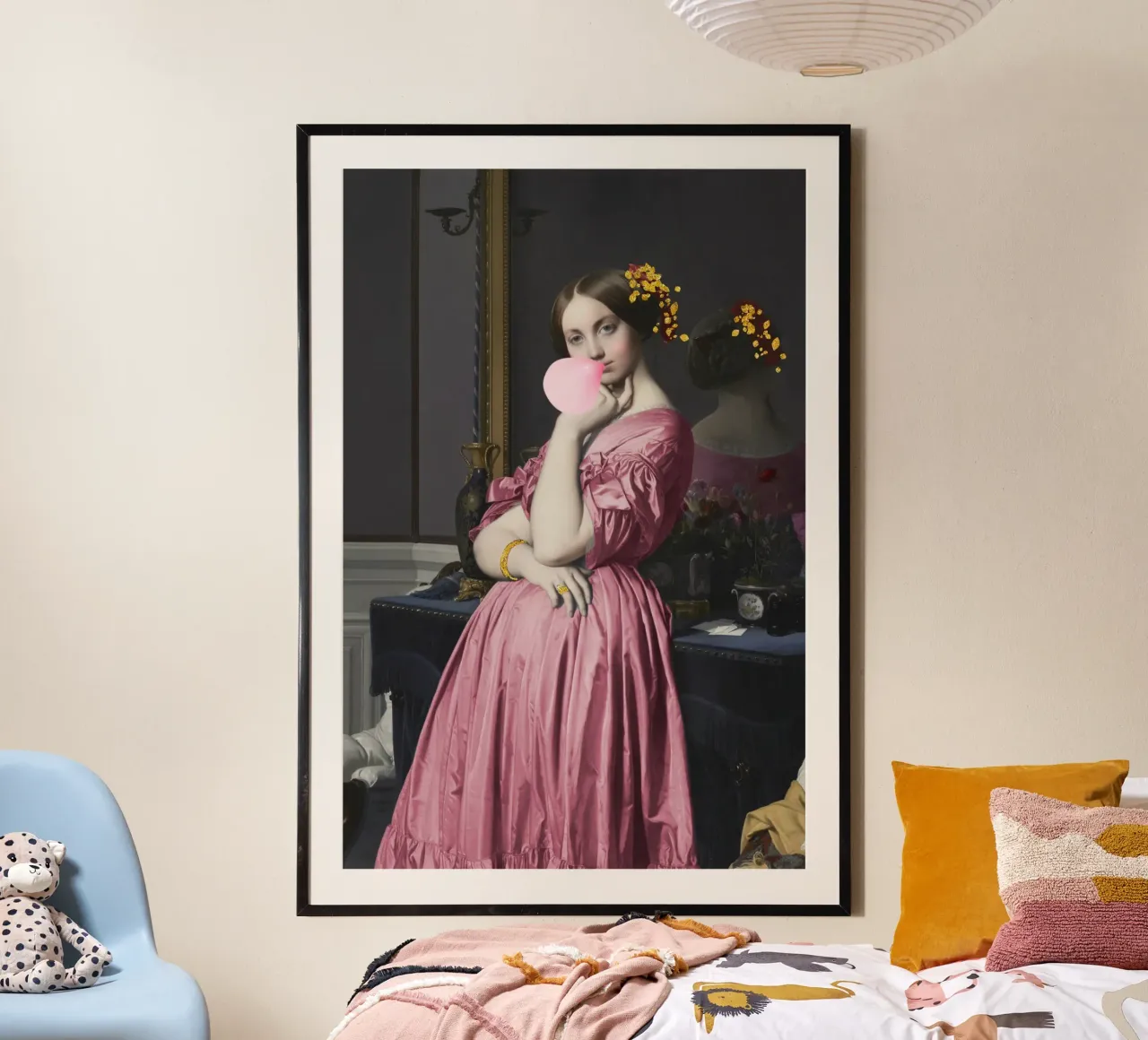 Girl with bubble-gum and gold poster con telaio in legno da GraceDigitalArtCo
