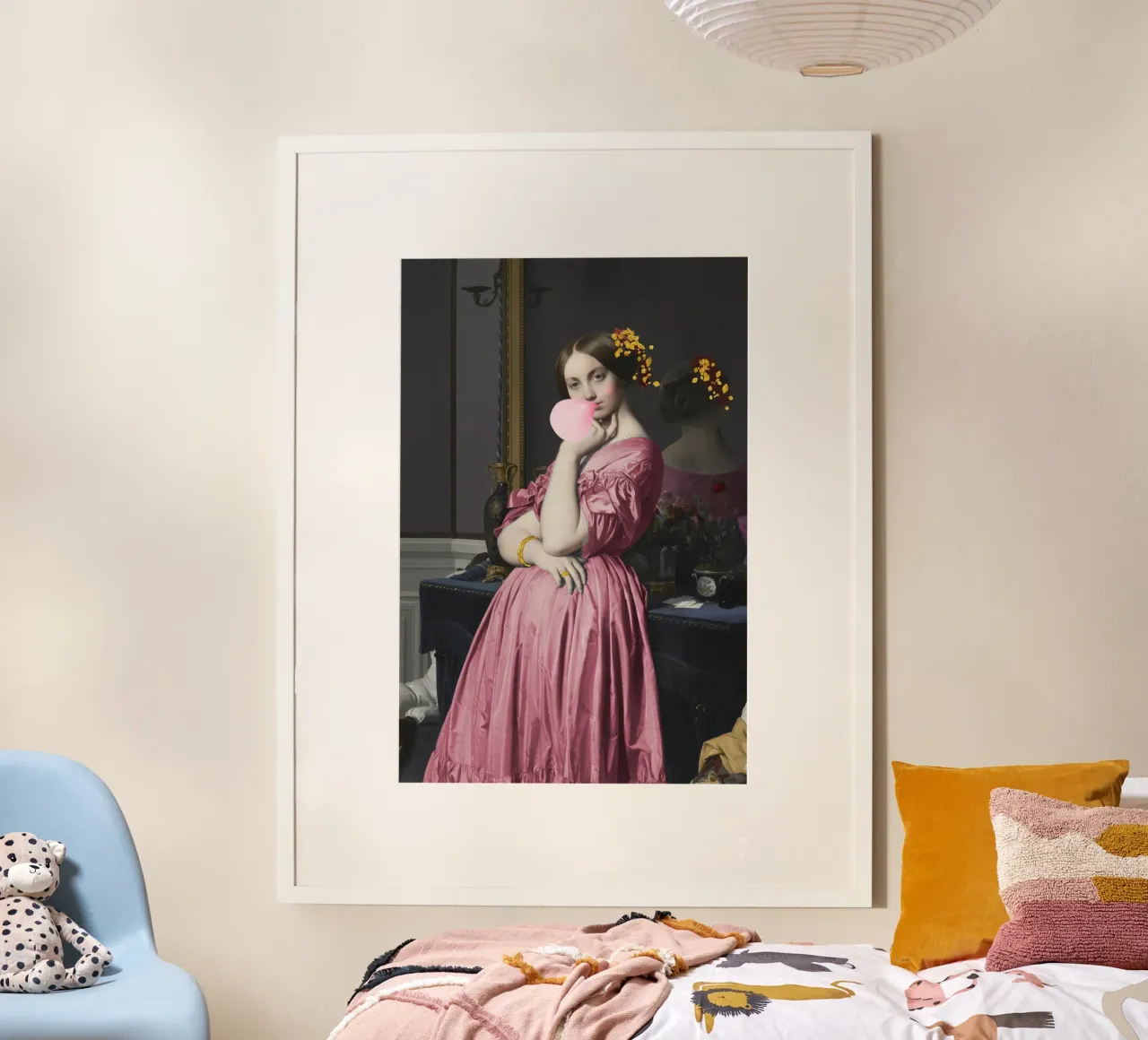 Girl with bubble-gum and gold poster con telaio in legno da GraceDigitalArtCo