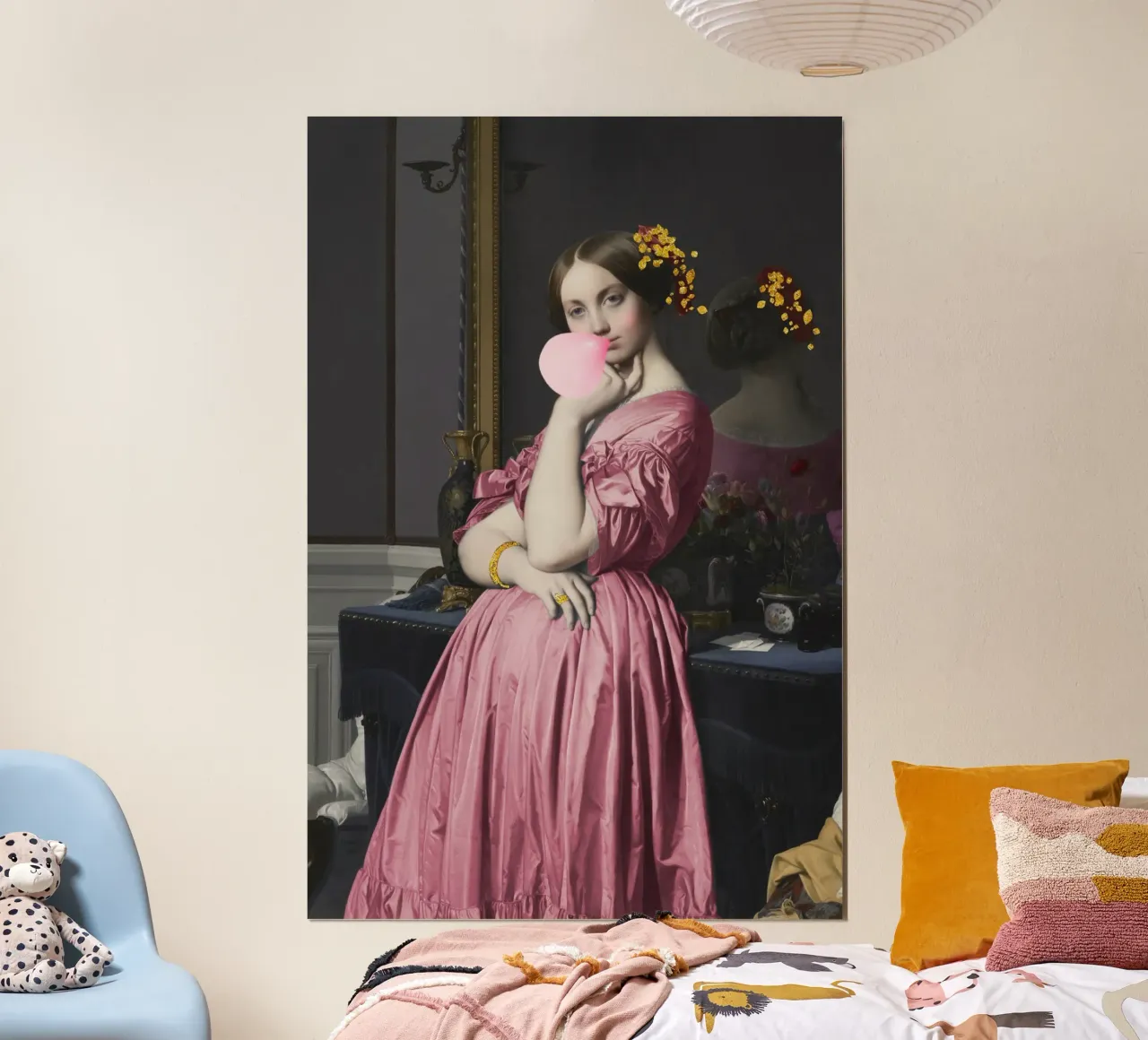 Girl with bubble-gum and gold poster con telaio in legno da GraceDigitalArtCo