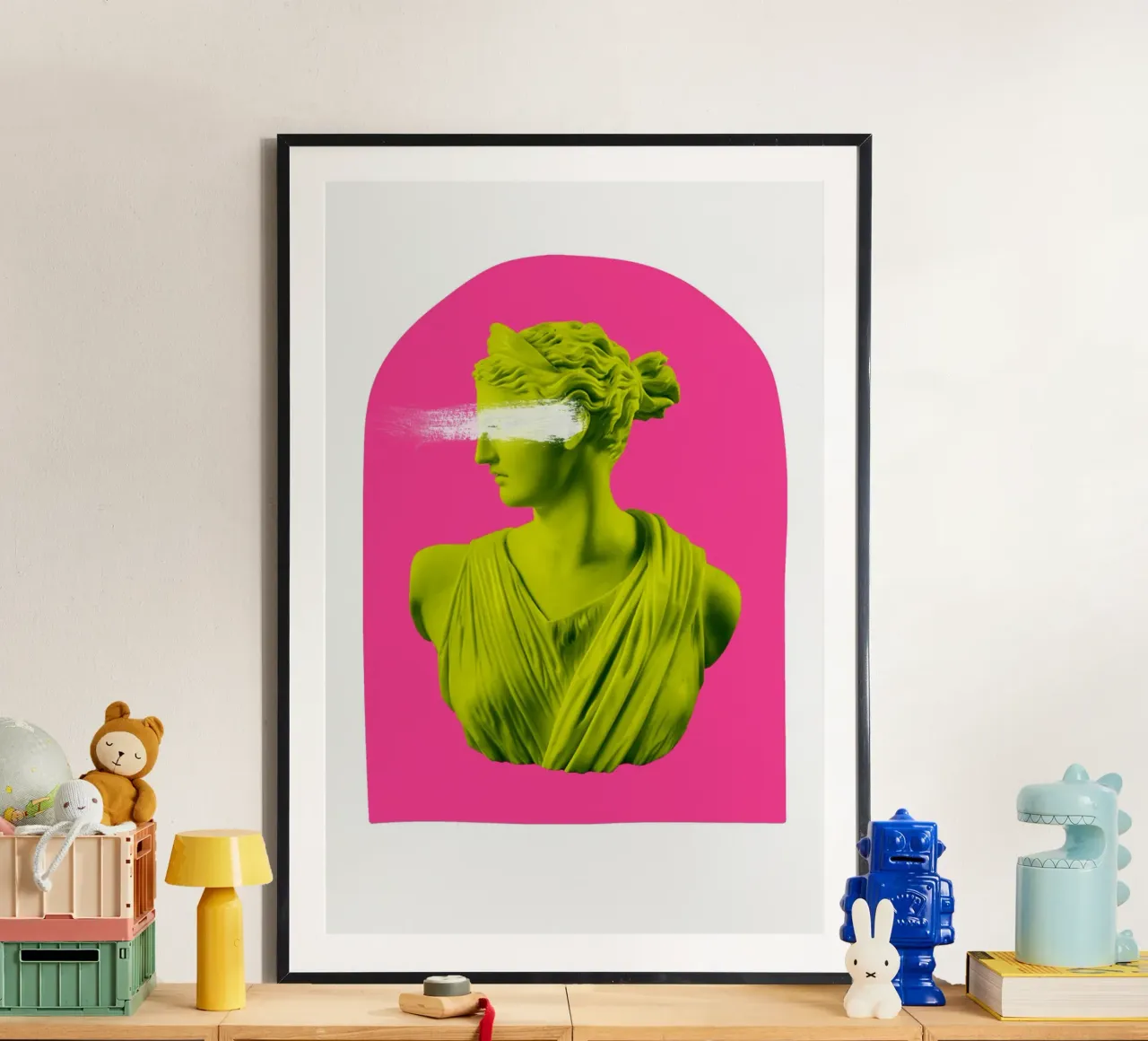 Neon Goddess - Pink and Green poster con telaio in legno da GraceDigitalArtCo