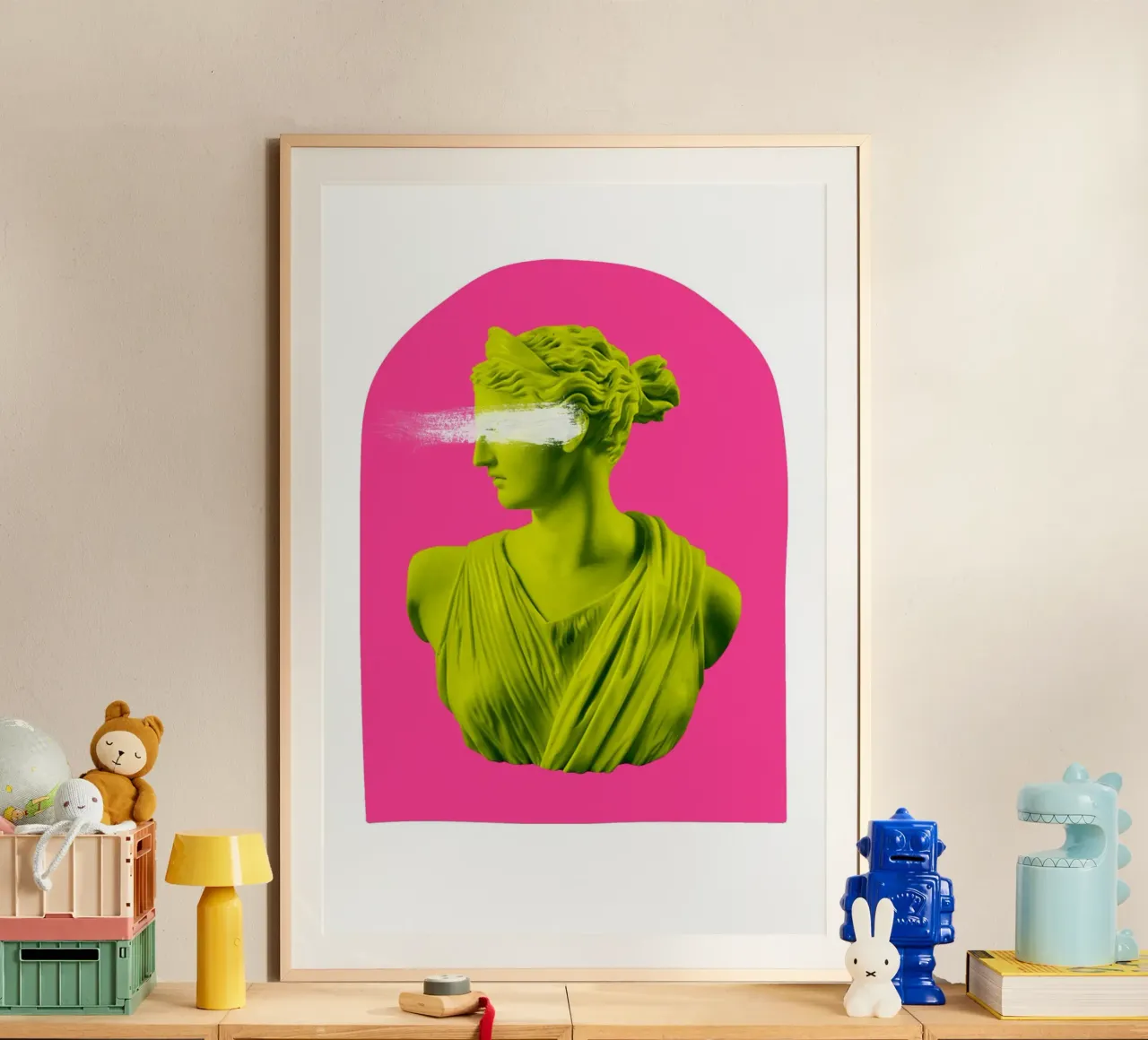 Neon Goddess - Pink and Green poster con telaio in legno da GraceDigitalArtCo