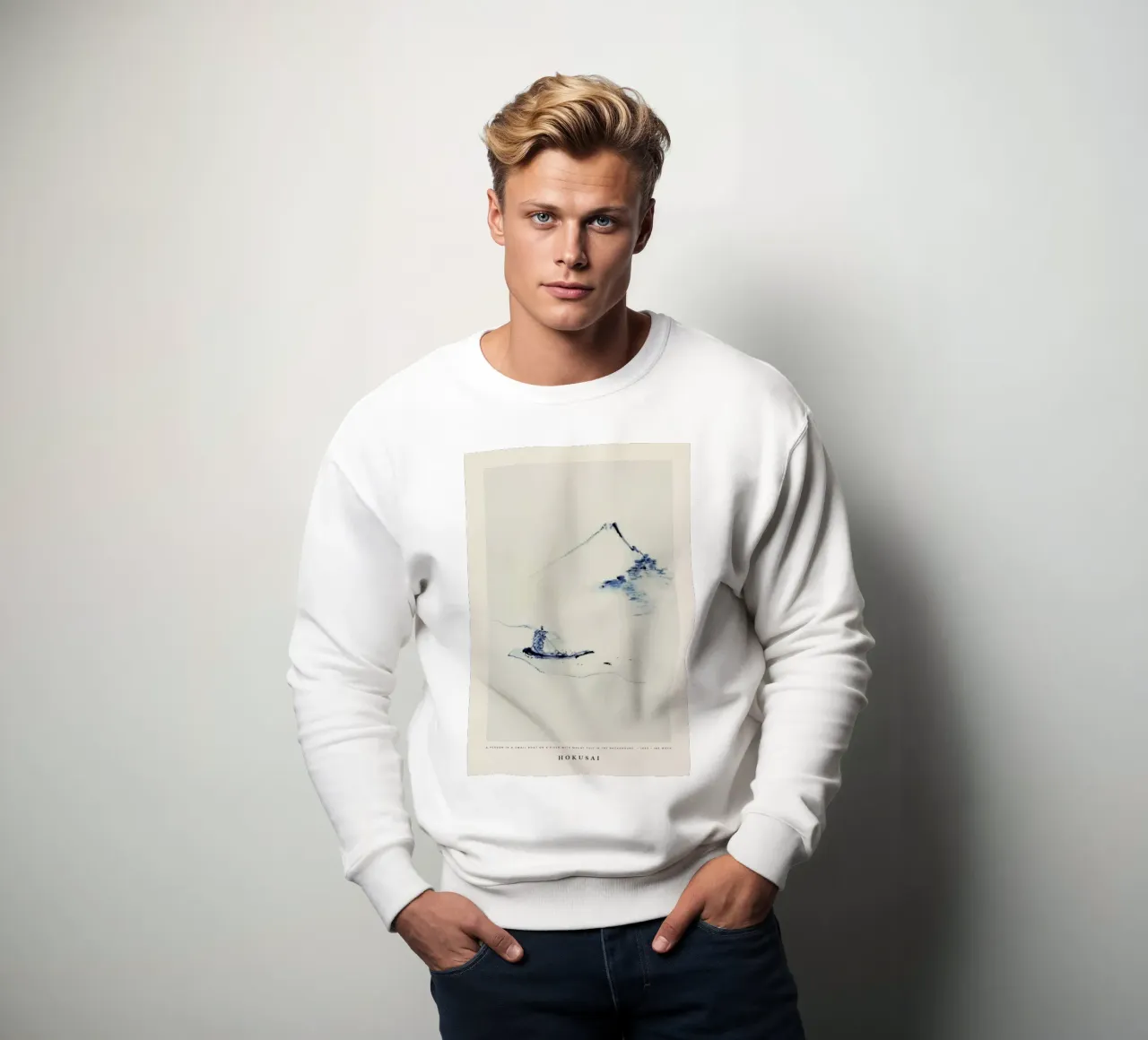 Hokusai - A Person in a Small Boat on a River with Mount Fuji in the Background Sweatshirt von Vintage by JUNIQE