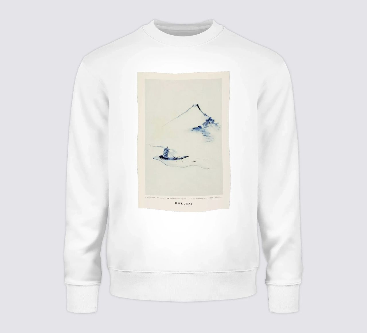 Hokusai - A Person in a Small Boat on a River with Mount Fuji in the Background felpa da Vintage by JUNIQE