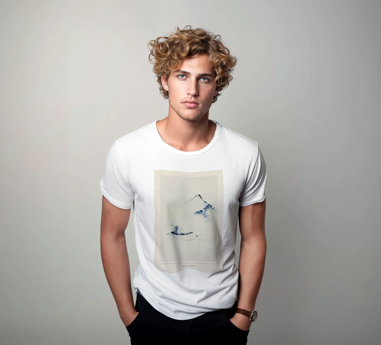 Hokusai - A Person in a Small Boat on a River with Mount Fuji in the Background t-shirt da Vintage by JUNIQE