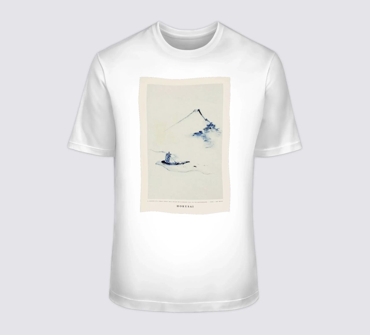 Hokusai - A Person in a Small Boat on a River with Mount Fuji in the Background t-shirt da Vintage by JUNIQE