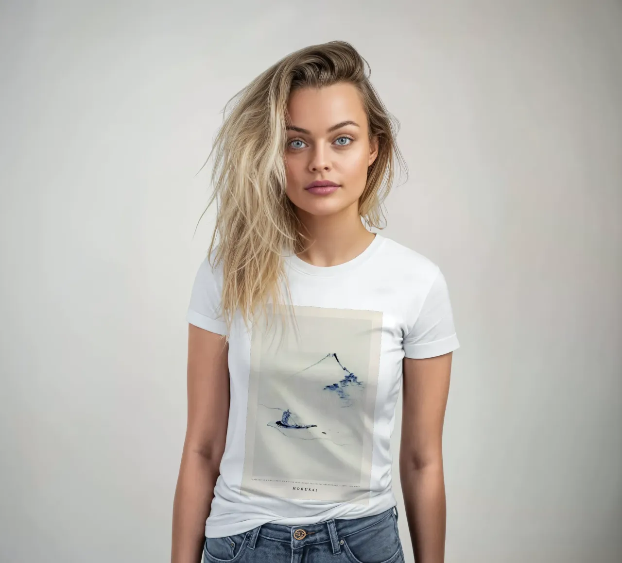 Hokusai - A Person in a Small Boat on a River with Mount Fuji in the Background t-shirt da donna da Vintage by JUNIQE