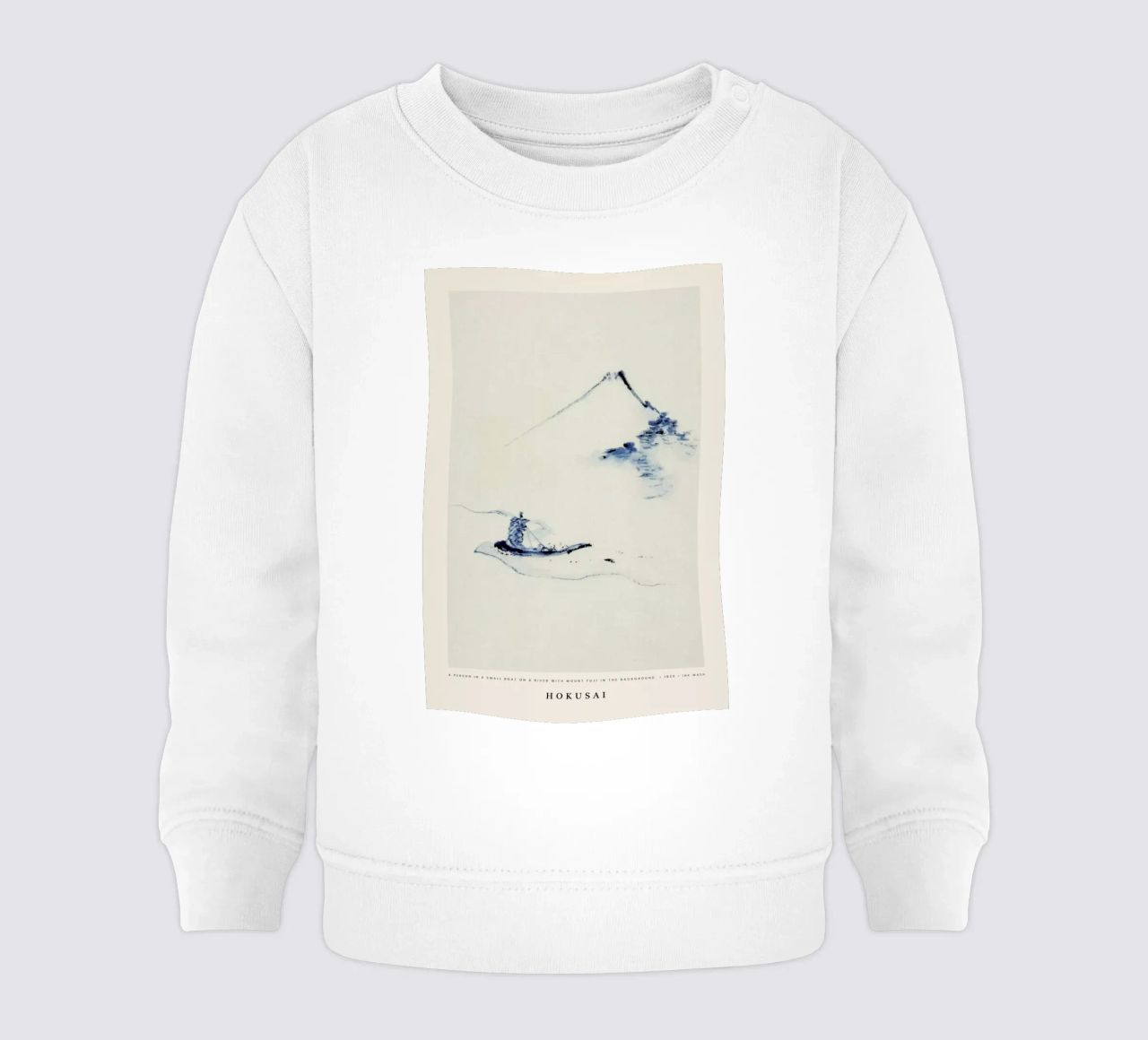 Hokusai - A Person in a Small Boat on a River with Mount Fuji in the Background felpa neonato da Vintage by JUNIQE