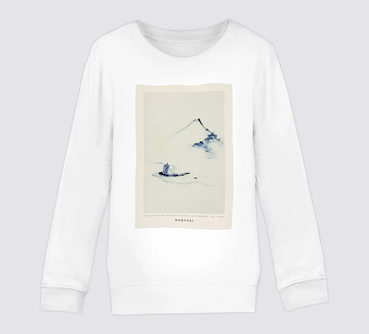 Hokusai - A Person in a Small Boat on a River with Mount Fuji in the Background felpa bambino da Vintage by JUNIQE