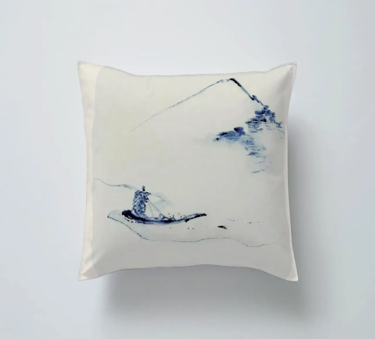Hokusai - A Person in a Small Boat on a River with Mount Fuji in the Background cojín de Vintage by JUNIQE