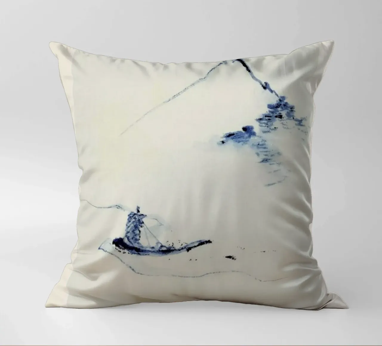 Hokusai - A Person in a Small Boat on a River with Mount Fuji in the Background cuscino da Vintage by JUNIQE