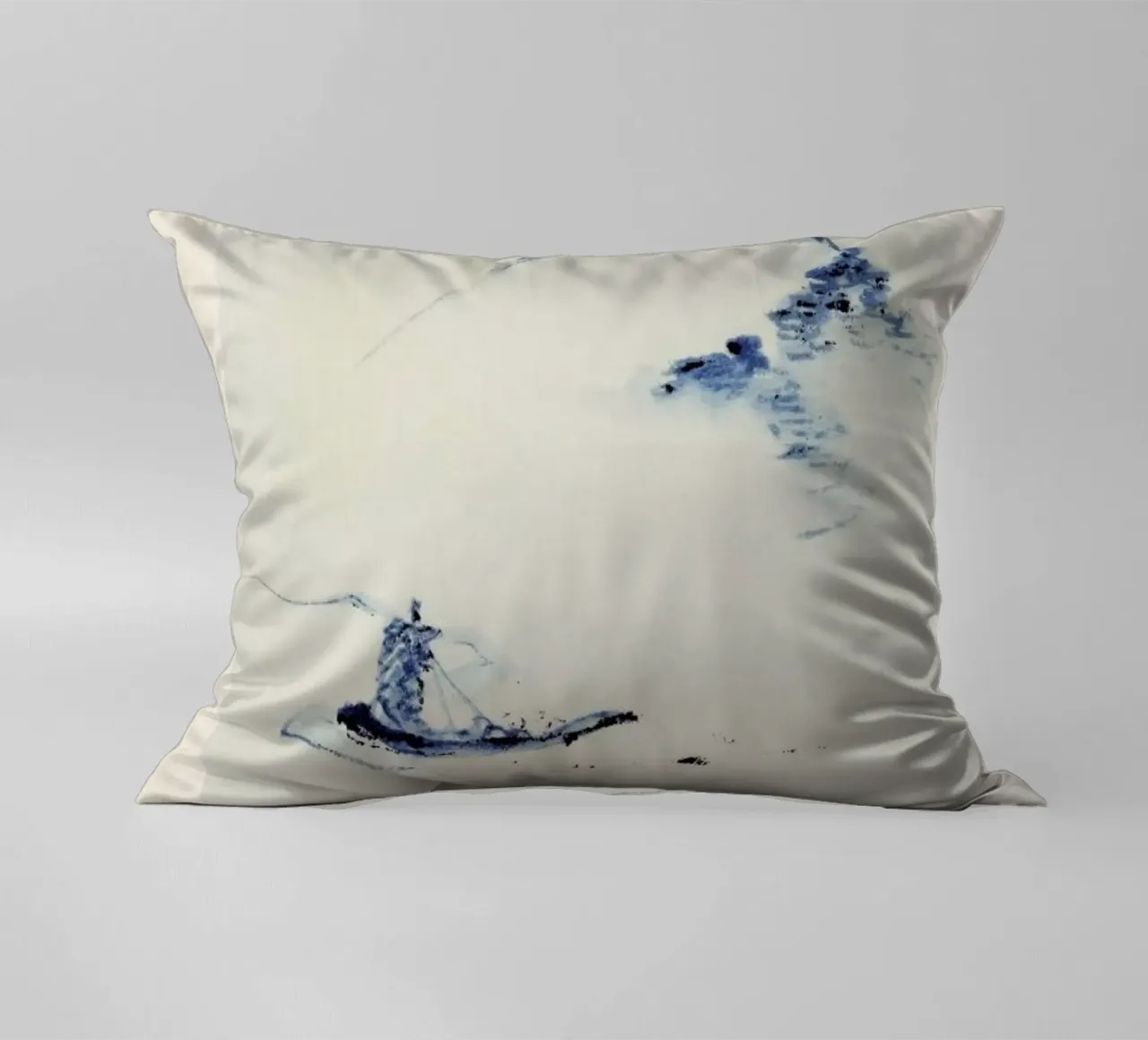 Hokusai - A Person in a Small Boat on a River with Mount Fuji in the Background cuscino da Vintage by JUNIQE