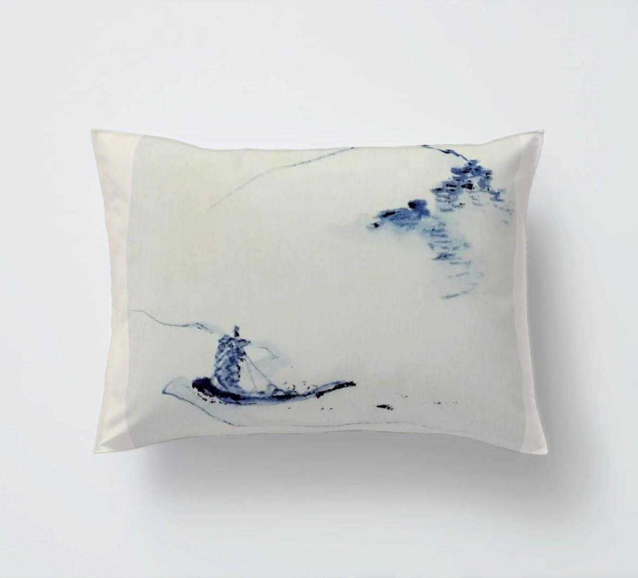 Hokusai - A Person in a Small Boat on a River with Mount Fuji in the Background cuscino da Vintage by JUNIQE