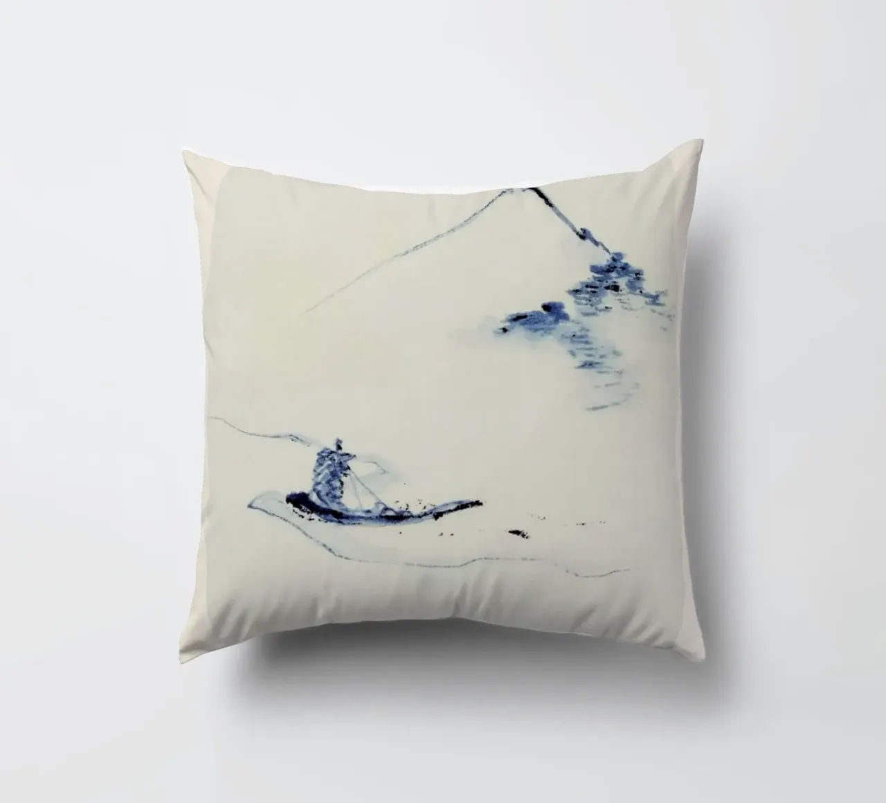 Hokusai - A Person in a Small Boat on a River with Mount Fuji in the Background cuscino da Vintage by JUNIQE