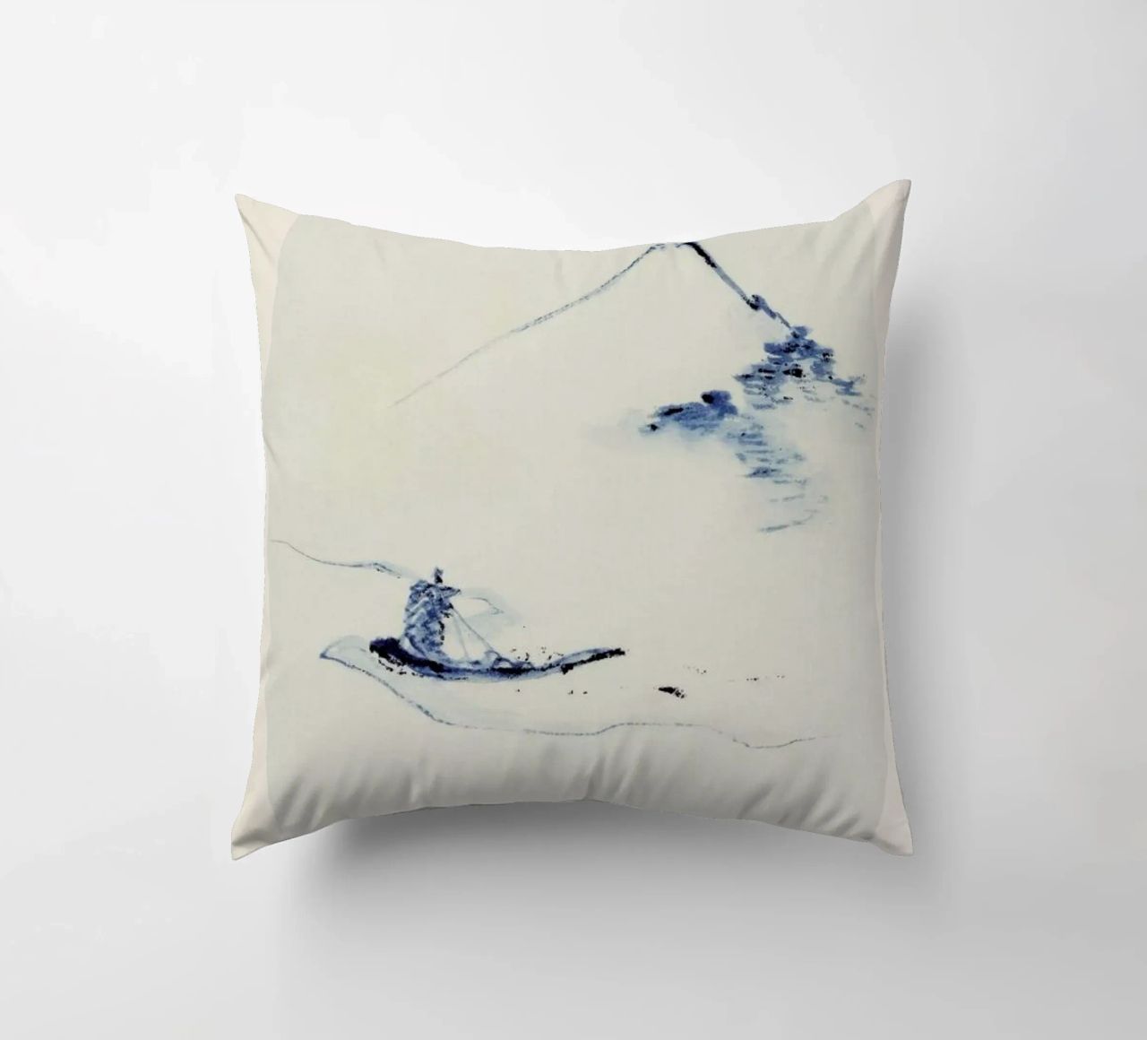 Hokusai - A Person in a Small Boat on a River with Mount Fuji in the Background cuscino da Vintage by JUNIQE